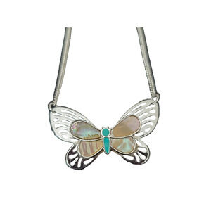Vintage Artistry Signed Butterfly Abalone Inlaid Wings Silver Tone Necklace